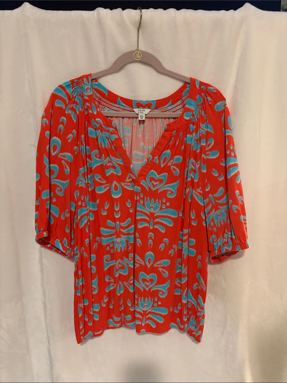 Croft & Barrow Coral Blouse with Turquoise Floral Print